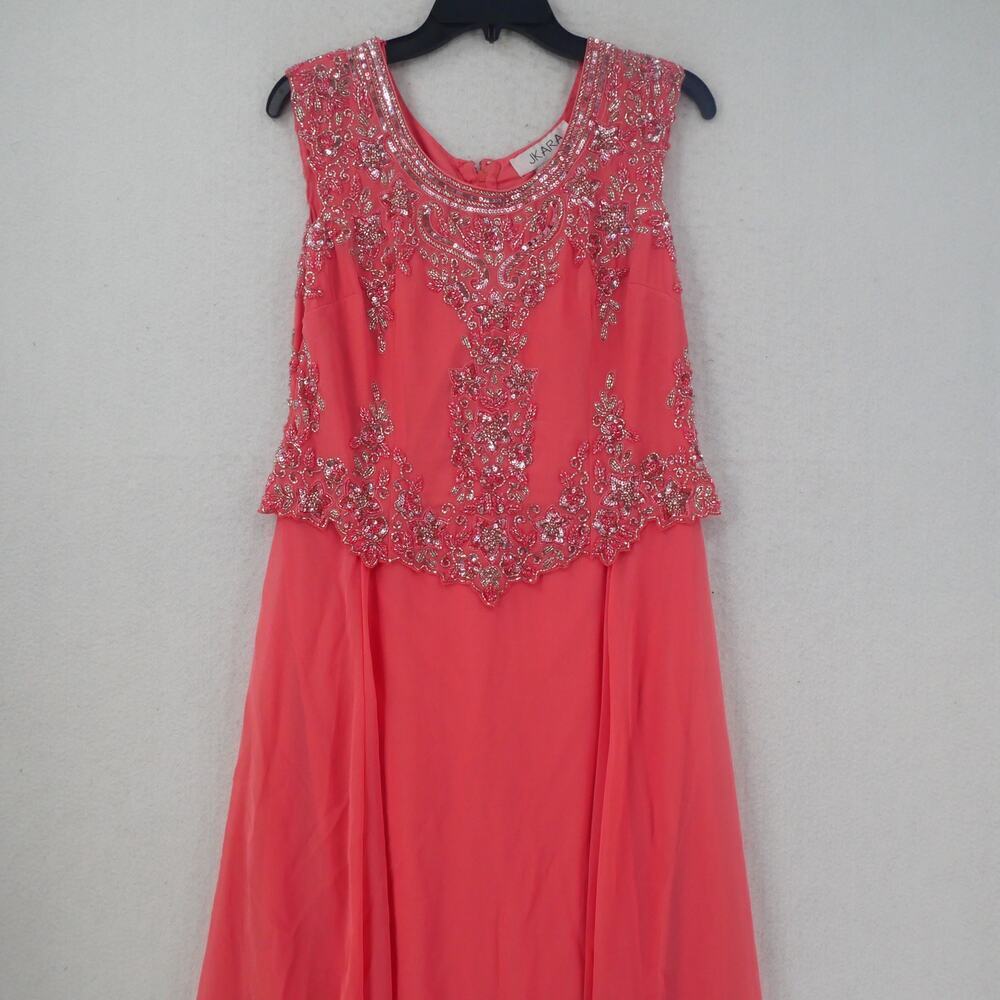 NEW J. Kara Women's 8 Petite Cap Sleeve Beaded Top Long Dress Coral 2737 - Picture 3 of 14